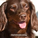 Close up of a chocolate long haired dachshund face showing its brown eyes and long ears in sunlight