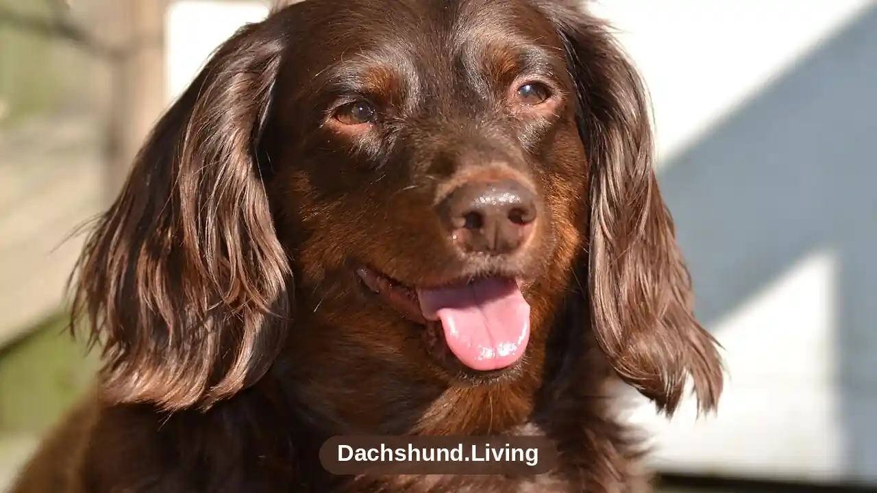 Close up of a chocolate long haired dachshund face showing its brown eyes and long ears in sunlight